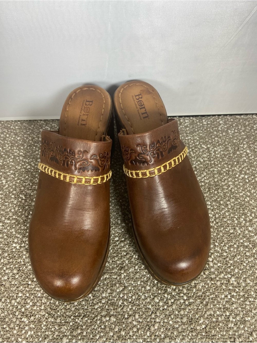 Born Brown Leather Slip-On Clogs with Yellow Chain Accents.Size 9 Pre-Owned